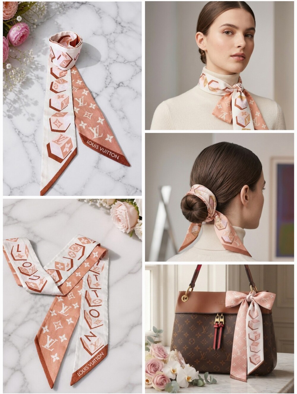 Louis Vuitton Jeu de Louis Bandeau Silk Beige White Scarf